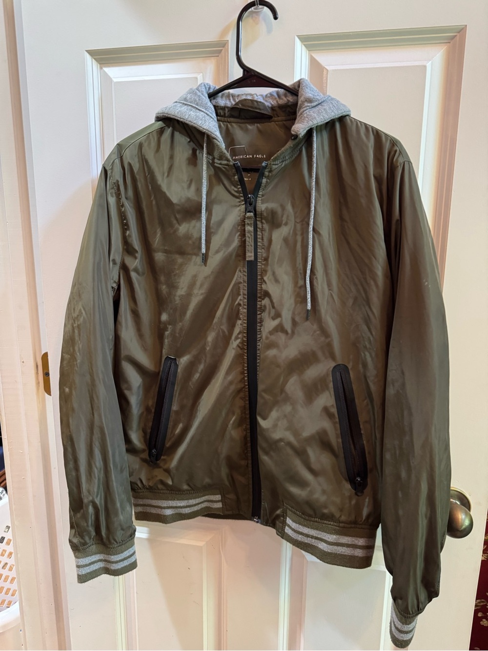 American Age Olive Green Hooded Bomber Jacket with Gray Hood